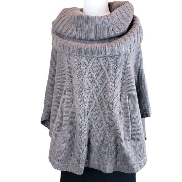 Autumn Cashmere Soft Chunky Knit Gray Taupe Cape Poncho Sweater O/S - Picture 1 of 8